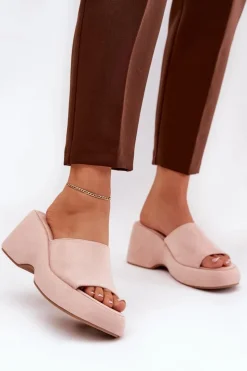 Eko Zamszowe Klapki Damskie Na Platformie I Koturnie Różowe Afisal Damskie Klapki Na Koturnie|Klapki Na Platformie