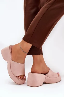 Eko Zamszowe Klapki Damskie Na Platformie I Koturnie Różowe Afisal Damskie Klapki Na Koturnie|Klapki Na Platformie