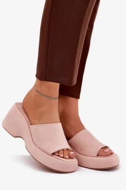 Eko Zamszowe Klapki Damskie Na Platformie I Koturnie Różowe Afisal Damskie Klapki Na Koturnie|Klapki Na Platformie