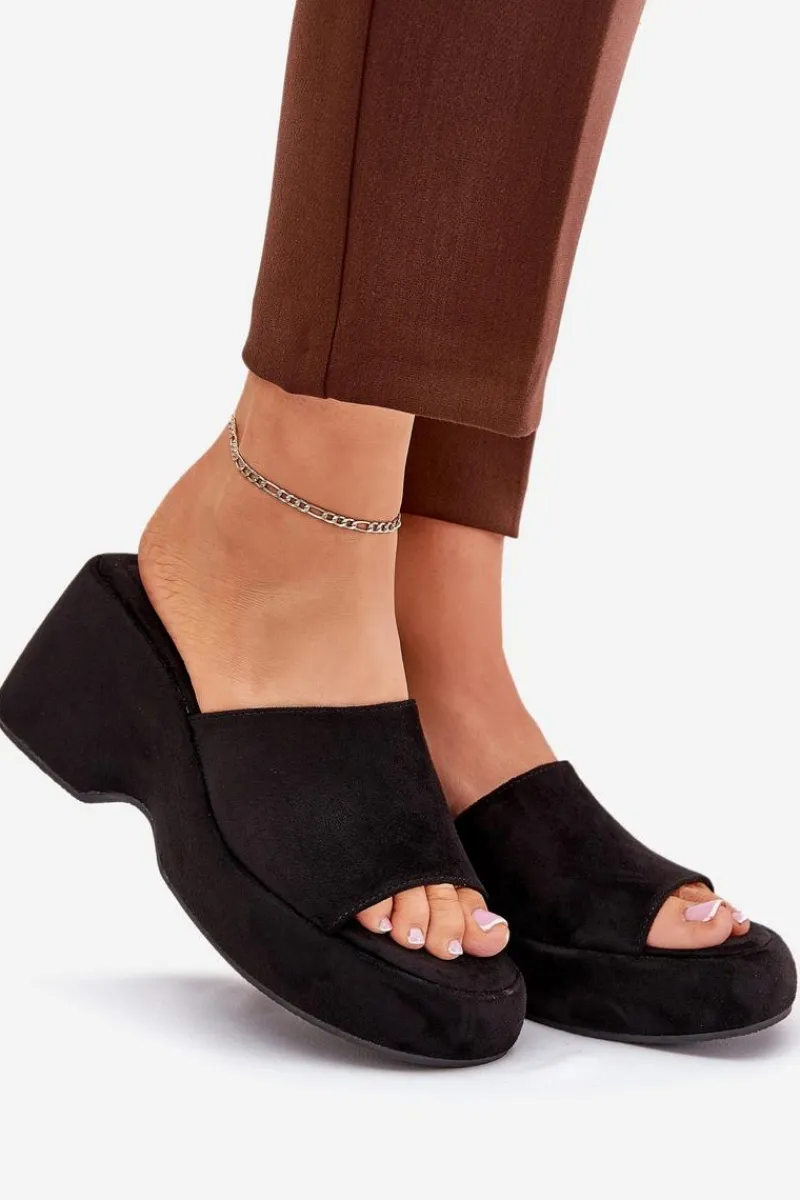 Klapki Na Koturnie|Klapki Na Platformie>Boto Eko Zamszowe Klapki Damskie Na Platformie I Koturnie Czarne Afisal Czarny