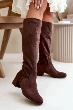 Kozaki Przed Kolano|Kozaki Na Obcasie>Boto Eko Zamszowe Kozaki Damskie Przed Kolano Na Zamek Brązowe Elitara