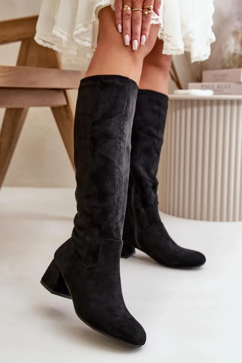 Outlet Eko Zamszowe Kozaki Damskie Przed Kolano Na Zamek Czarne Elitara Damskie Kozaki Przed Kolano|Kozaki Na Obcasie