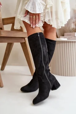 Outlet Eko Zamszowe Kozaki Damskie Przed Kolano Na Zamek Czarne Elitara Damskie Kozaki Przed Kolano|Kozaki Na Obcasie