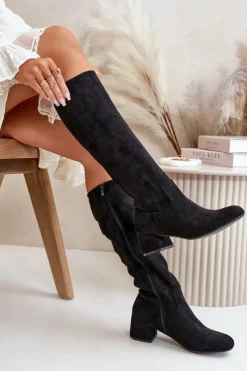 Outlet Eko Zamszowe Kozaki Damskie Przed Kolano Na Zamek Czarne Elitara Damskie Kozaki Przed Kolano|Kozaki Na Obcasie