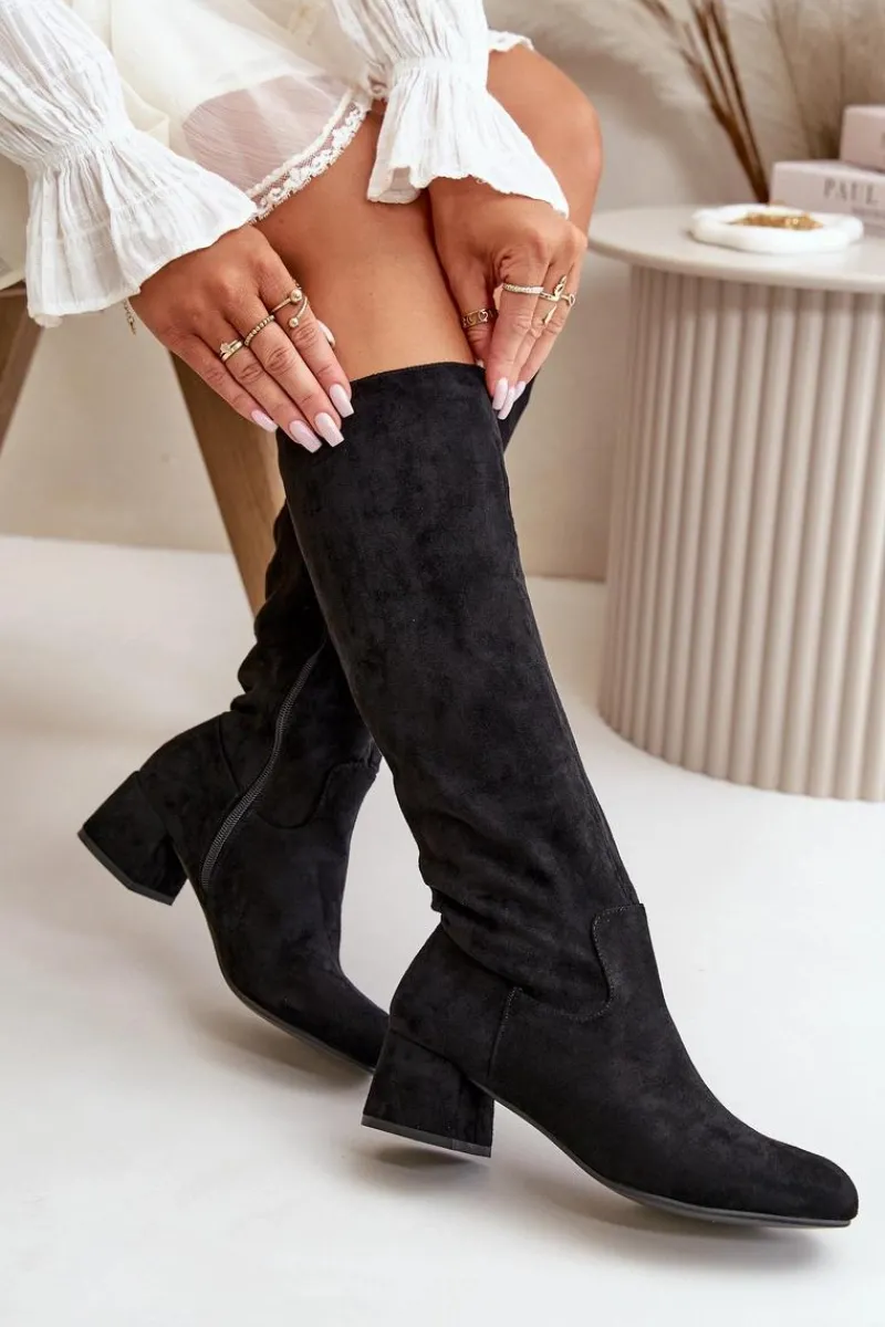 Outlet Eko Zamszowe Kozaki Damskie Przed Kolano Na Zamek Czarne Elitara Damskie Kozaki Przed Kolano|Kozaki Na Obcasie