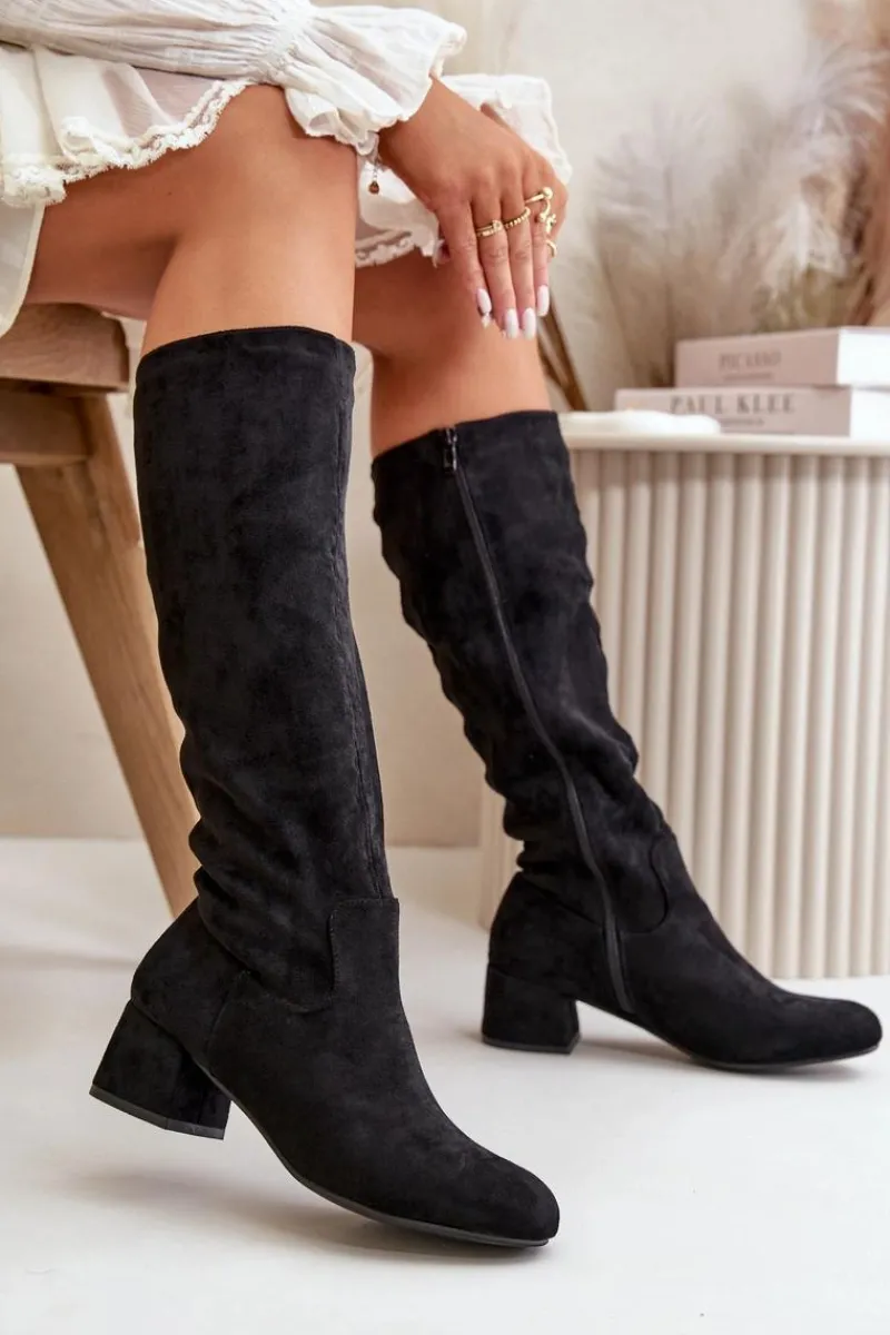 Outlet Eko Zamszowe Kozaki Damskie Przed Kolano Na Zamek Czarne Elitara Damskie Kozaki Przed Kolano|Kozaki Na Obcasie