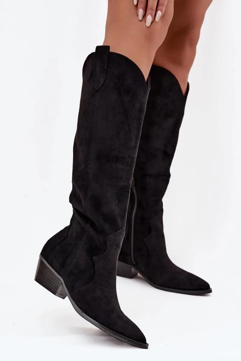Kozaki Na Słupku|Kozaki Przed Kolano>Boto Eko Zamszowe Kozaki Kowbojki Damskie Na Obcasie Czarne Jenaya Czarny