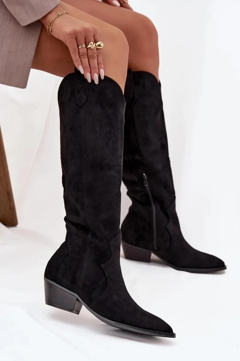 Kozaki Na Słupku|Kozaki Przed Kolano>Boto Eko Zamszowe Kozaki Kowbojki Damskie Na Obcasie Czarne Jenaya Czarny