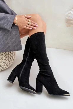 Sale Boto Eko Zamszowe Kozaki Na Słupkowym Obcasie Czarne Batirae