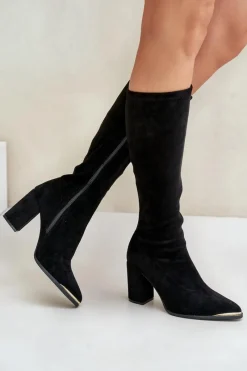 Sale Boto Eko Zamszowe Kozaki Na Słupkowym Obcasie Czarne Batirae