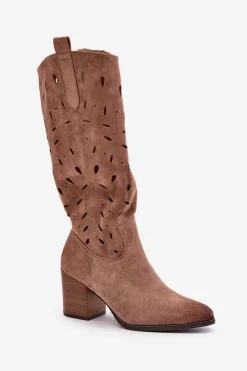 Best Buty damskie Vinceza Eko Zamszowe Kozaki Na Słupku Z Ażurowym Wzorem Vinceza 58344 Ciemnobeżowe