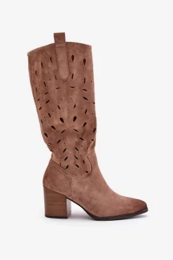 Best Buty damskie Vinceza Eko Zamszowe Kozaki Na Słupku Z Ażurowym Wzorem Vinceza 58344 Ciemnobeżowe