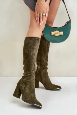 Hot Eko Zamszowe Kozaki Na Słupkowym Obcasie Ciemnozielone Batirae Damskie Kozaki Ocieplane|Kozaki Na Słupku
