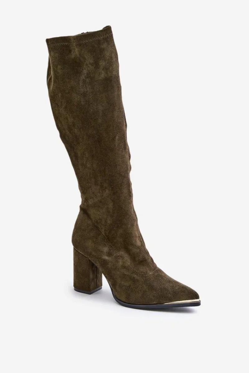 Hot Eko Zamszowe Kozaki Na Słupkowym Obcasie Ciemnozielone Batirae Damskie Kozaki Ocieplane|Kozaki Na Słupku