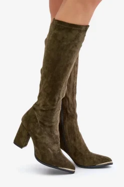 Hot Eko Zamszowe Kozaki Na Słupkowym Obcasie Ciemnozielone Batirae Damskie Kozaki Ocieplane|Kozaki Na Słupku