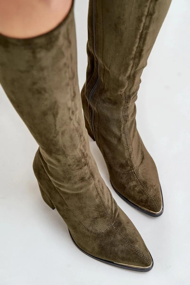 Hot Eko Zamszowe Kozaki Na Słupkowym Obcasie Ciemnozielone Batirae Damskie Kozaki Ocieplane|Kozaki Na Słupku