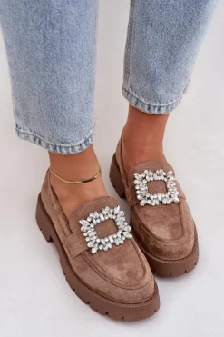 Loafersy Damskie|Mokasyny Na Platformie>Boto Eko Zamszowe Mokasyny Damskie Z Ozdobną Broszką Ciemnobeżowe Valiana