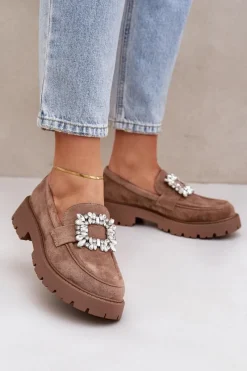 Loafersy Damskie|Mokasyny Na Platformie>Boto Eko Zamszowe Mokasyny Damskie Z Ozdobną Broszką Ciemnobeżowe Valiana