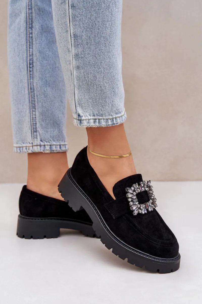 Outlet Boto Eko Zamszowe Mokasyny Damskie Z Ozdobną Broszką Czarne Valiana