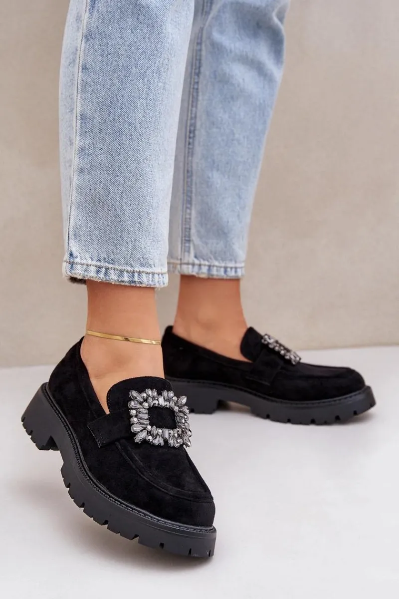 Outlet Boto Eko Zamszowe Mokasyny Damskie Z Ozdobną Broszką Czarne Valiana