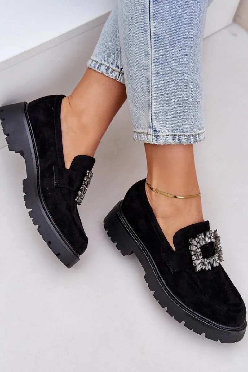 Outlet Boto Eko Zamszowe Mokasyny Damskie Z Ozdobną Broszką Czarne Valiana