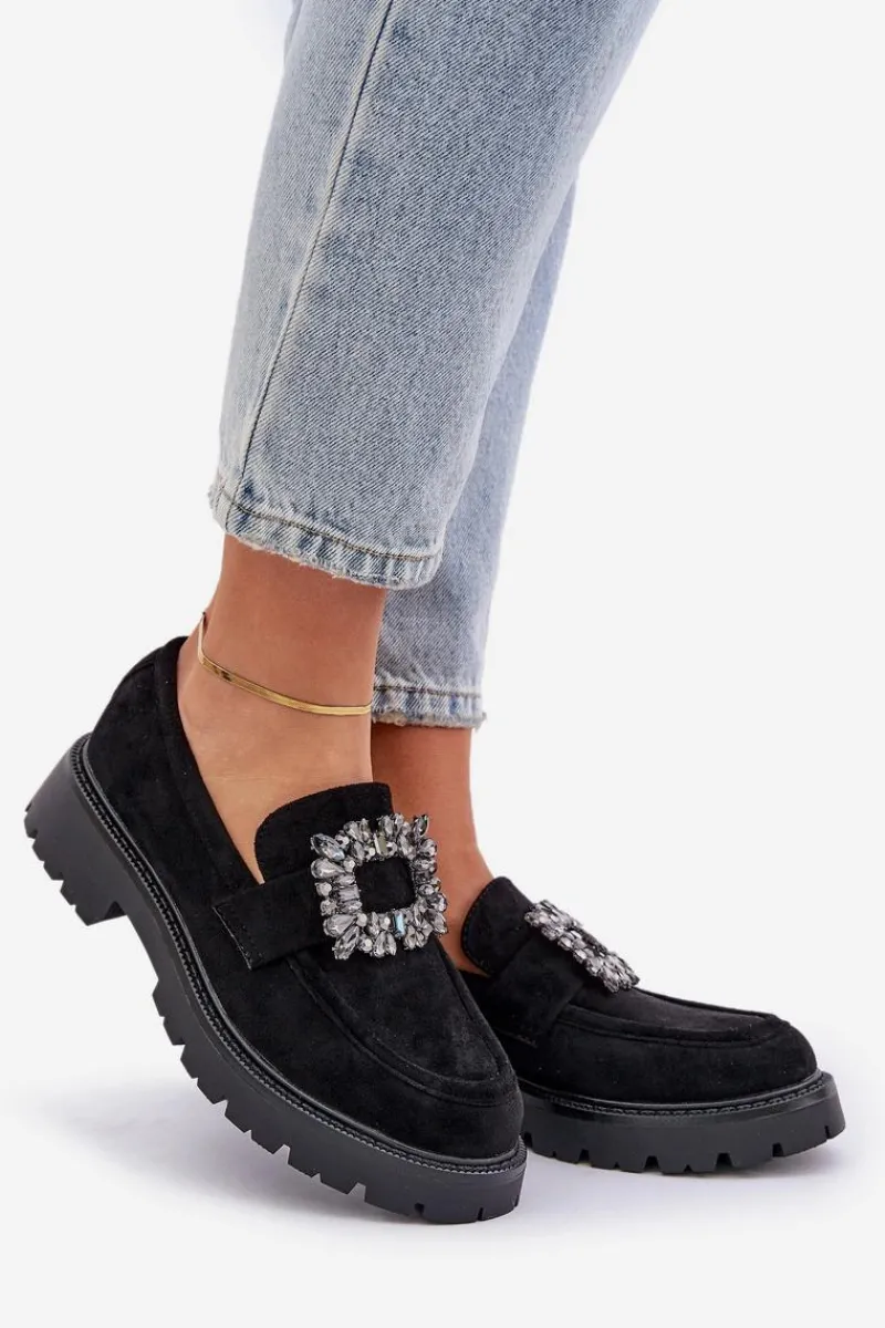 Outlet Boto Eko Zamszowe Mokasyny Damskie Z Ozdobną Broszką Czarne Valiana
