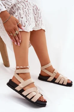 Sandały Płaskie>Boto Eko Zamszowe Sandały Damskie Z Rzepami Beżowe Valpera Beżowy