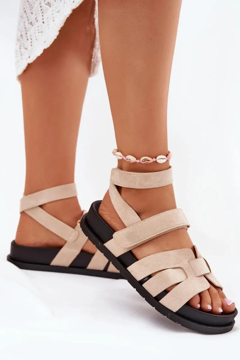 Sandały Płaskie>Boto Eko Zamszowe Sandały Damskie Z Rzepami Beżowe Valpera Beżowy