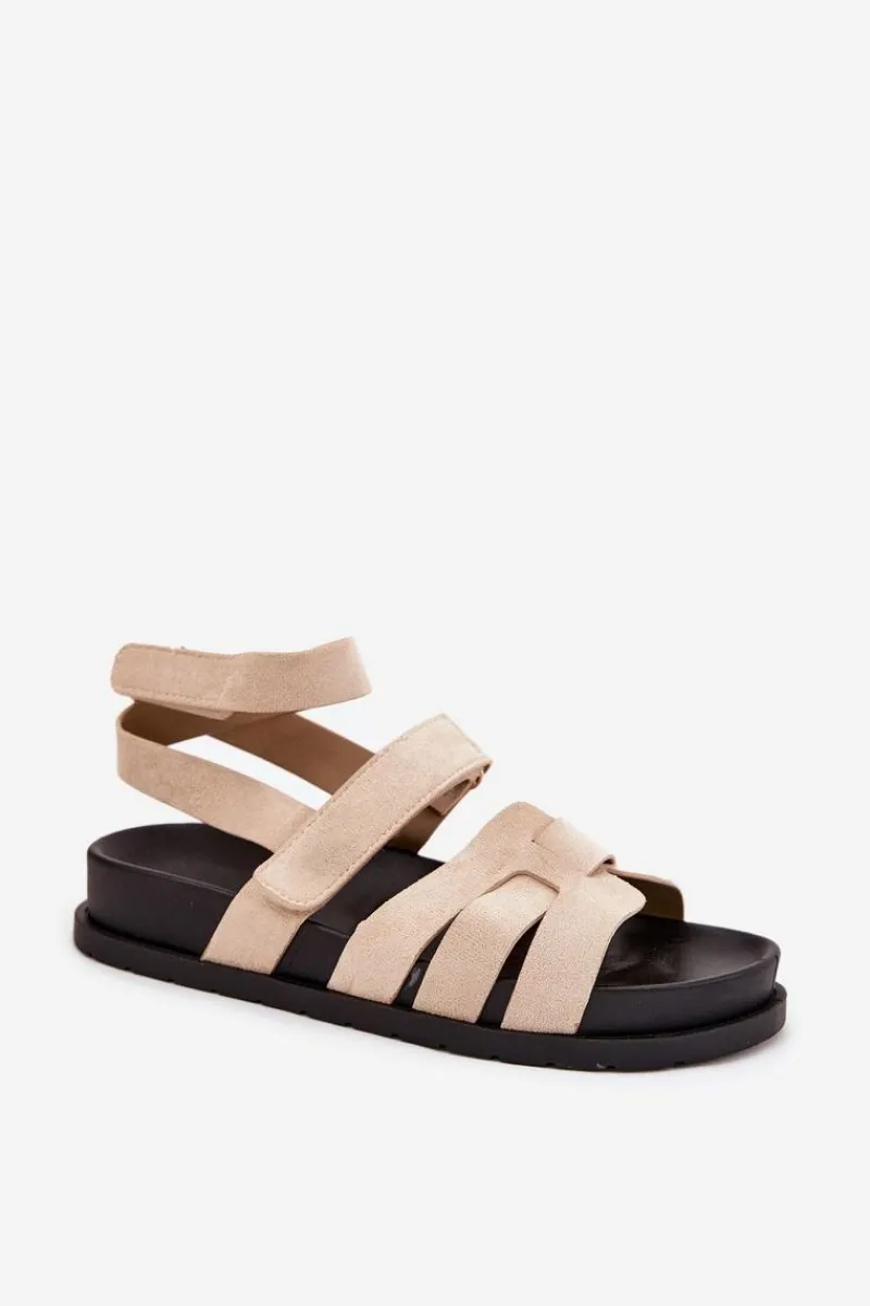 Sandały Płaskie>Boto Eko Zamszowe Sandały Damskie Z Rzepami Beżowe Valpera Beżowy