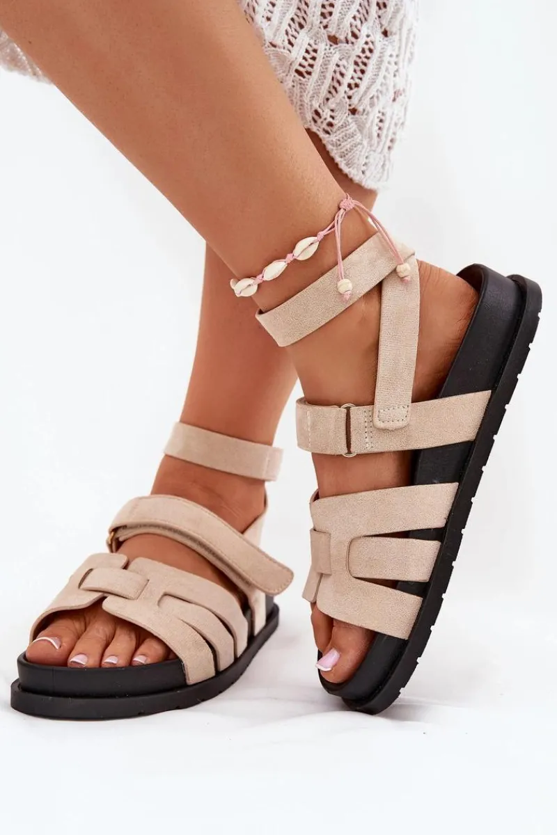 Sandały Płaskie>Boto Eko Zamszowe Sandały Damskie Z Rzepami Beżowe Valpera Beżowy