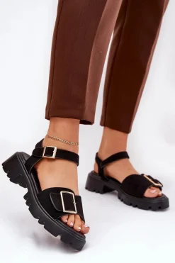 Online Boto Eko Zamszowe Sandały Damskie Z Klamrą Czarne Gofielle Czarny