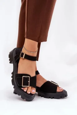 Online Boto Eko Zamszowe Sandały Damskie Z Klamrą Czarne Gofielle Czarny