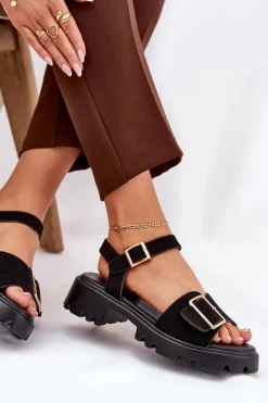 Online Boto Eko Zamszowe Sandały Damskie Z Klamrą Czarne Gofielle Czarny