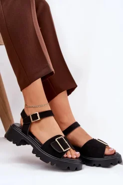 Online Boto Eko Zamszowe Sandały Damskie Z Klamrą Czarne Gofielle Czarny