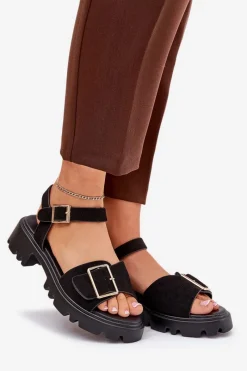 Online Boto Eko Zamszowe Sandały Damskie Z Klamrą Czarne Gofielle Czarny