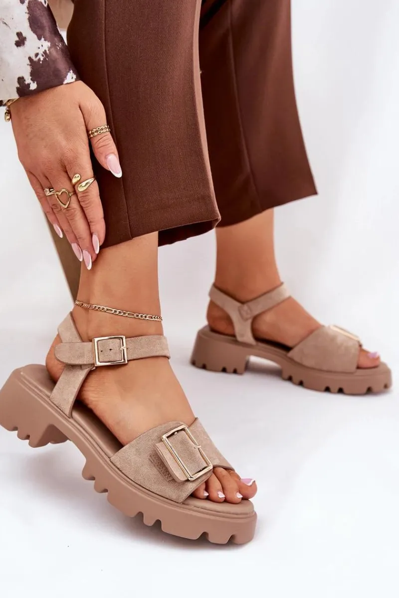 Sandały Płaskie>Boto Eko Zamszowe Sandały Damskie Z Klamrą Beżowe Gofielle