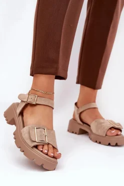 Sandały Płaskie>Boto Eko Zamszowe Sandały Damskie Z Klamrą Beżowe Gofielle