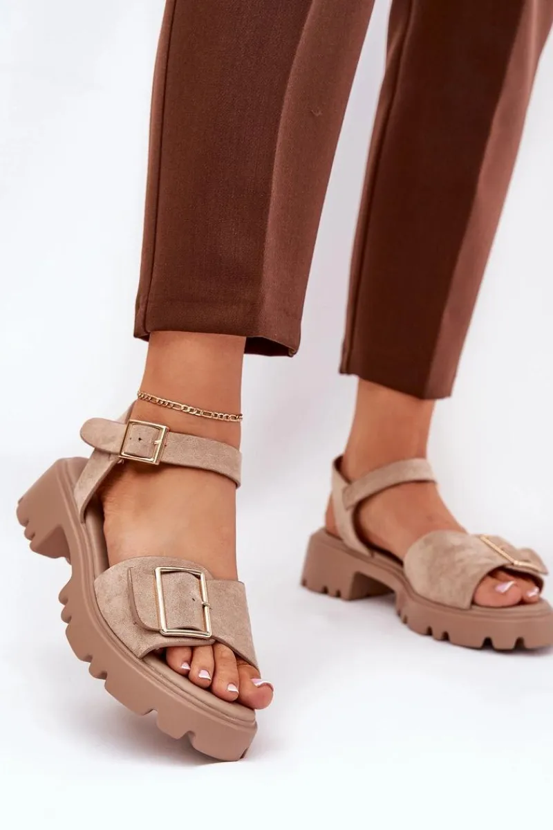 Sandały Płaskie>Boto Eko Zamszowe Sandały Damskie Z Klamrą Beżowe Gofielle