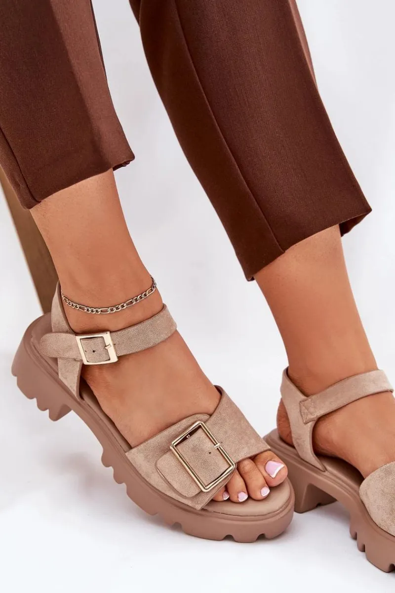 Sandały Płaskie>Boto Eko Zamszowe Sandały Damskie Z Klamrą Beżowe Gofielle