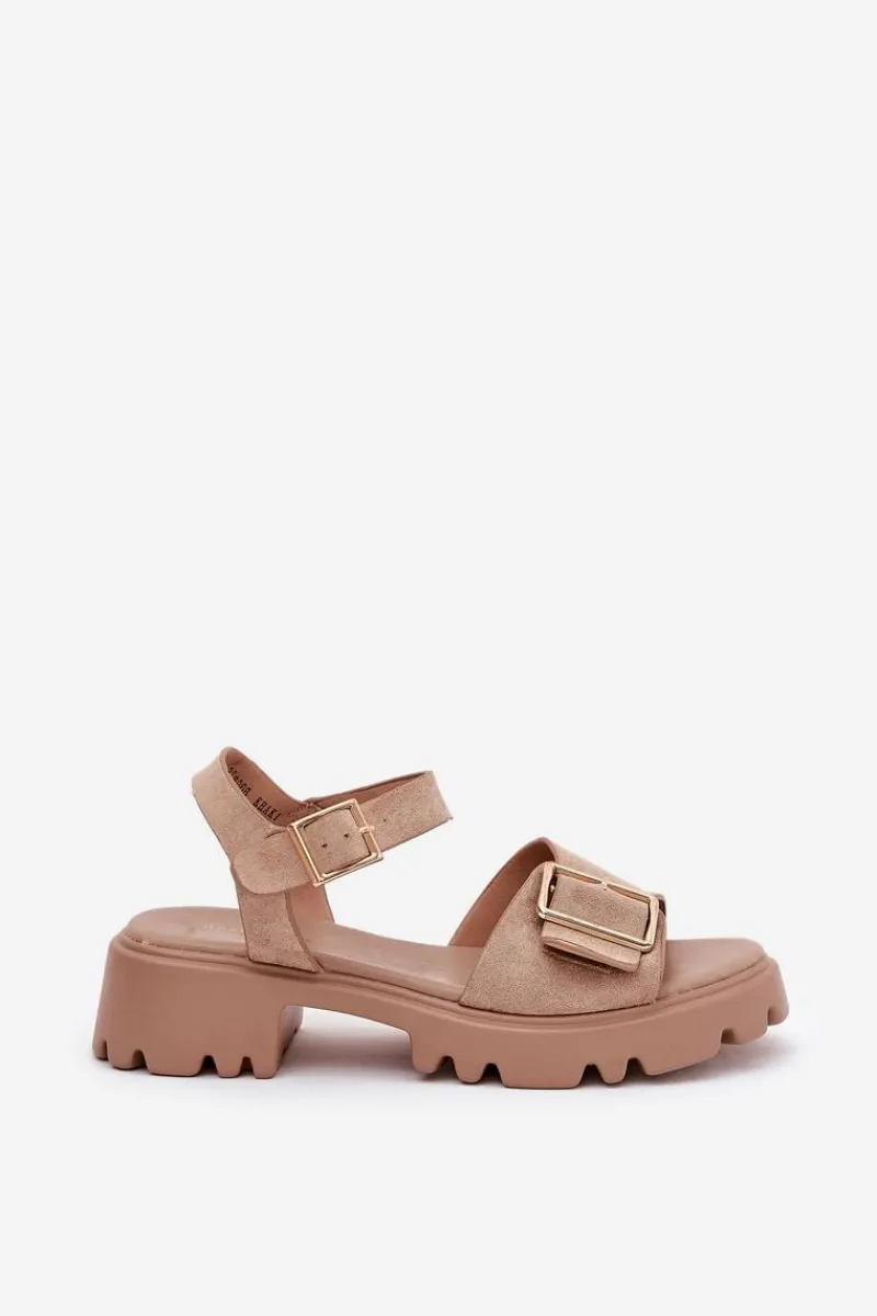 Sandały Płaskie>Boto Eko Zamszowe Sandały Damskie Z Klamrą Beżowe Gofielle