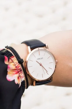 Discount Ernest Elegancki Skórzany Granatowy Damski Zegarek