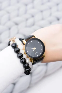 Sale Elegancki Zegarek Damski Czarno Złoty na Pasku Zegarki