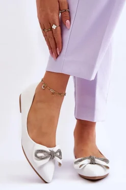 New Boto Eleganckie Baleriny Z Kokardą I Dżetami Białe One Time