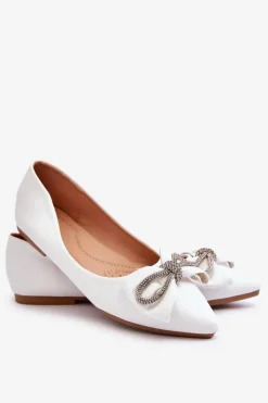 New Boto Eleganckie Baleriny Z Kokardą I Dżetami Białe One Time