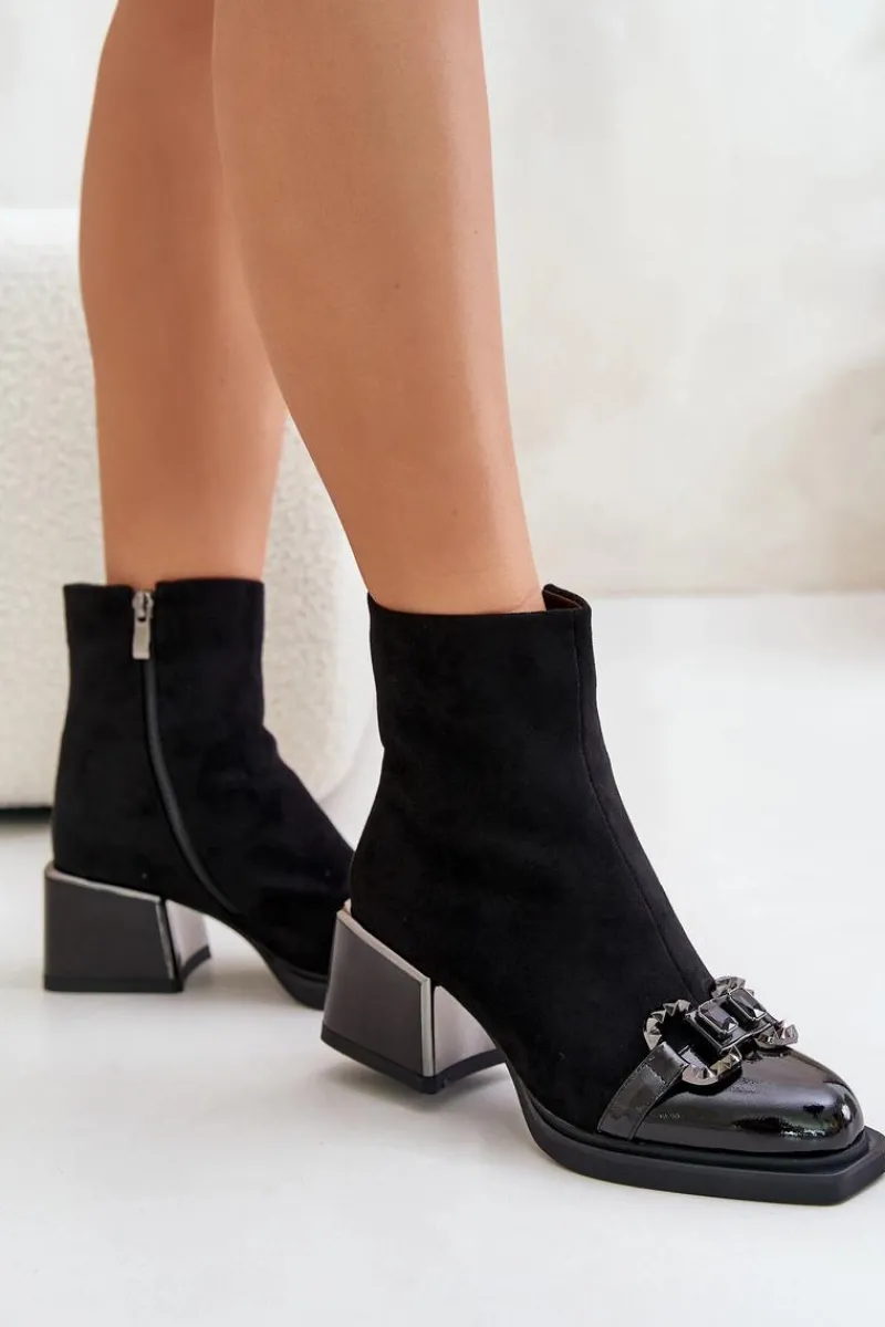 Botki Zimowe Damskie|Botki Na Obcasie>Damskie buty S.Barski Eleganckie Botki Damskie Na Obcasie Z Ozdobą Czarne MR880-127