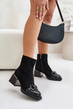 Botki Zimowe Damskie|Botki Na Obcasie>Damskie buty S.Barski Eleganckie Botki Damskie Na Obcasie Z Ozdobą Czarne MR880-127