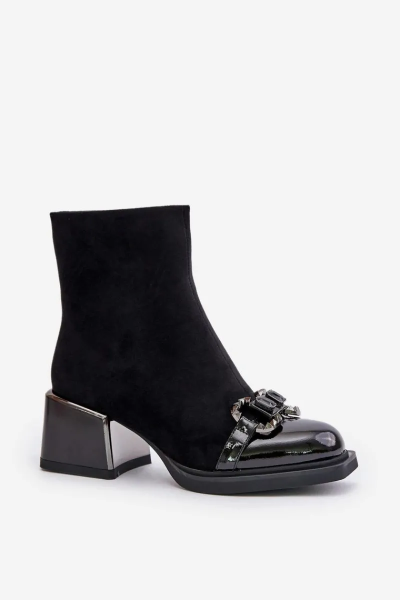 Botki Zimowe Damskie|Botki Na Obcasie>Damskie buty S.Barski Eleganckie Botki Damskie Na Obcasie Z Ozdobą Czarne MR880-127