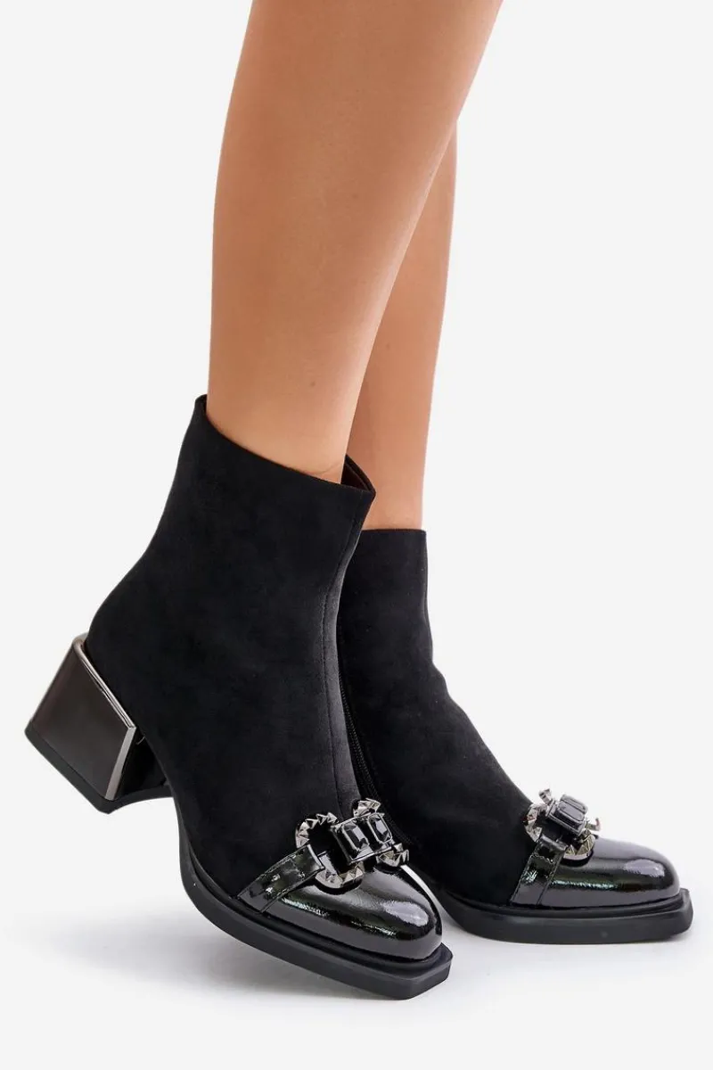 Botki Zimowe Damskie|Botki Na Obcasie>Damskie buty S.Barski Eleganckie Botki Damskie Na Obcasie Z Ozdobą Czarne MR880-127