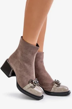 Damskie buty S.Barski Eleganckie Botki Damskie Na Obcasie Z Ozdobą Szare MR880-127