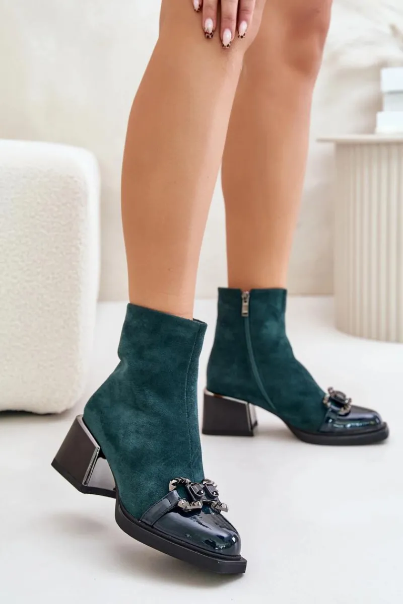 Clearance Eleganckie Botki Damskie Na Obcasie Z Ozdobą Ciemnozielone MR880-127 Damskie Botki Zimowe Damskie|Botki Na Obcasie